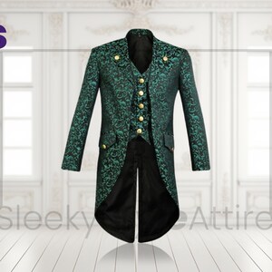 May include: A green and black patterned tailcoat with gold buttons. The coat has a high collar and long sleeves. The vest has gold buttons. The coat is a formal style. The text "Sleeky Attire" is at the bottom of the image.
