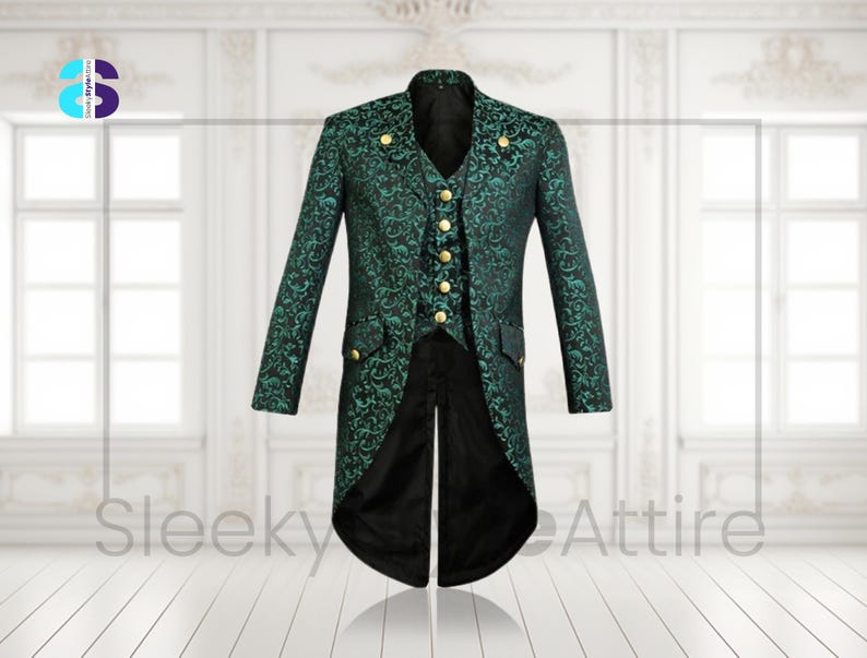 May include: A green and black patterned tailcoat with gold buttons. The coat has a high collar and long sleeves. The vest has gold buttons. The coat is a formal style. The text "Sleeky Attire" is at the bottom of the image.