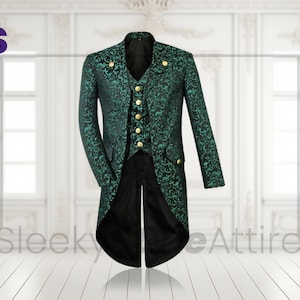 May include: A green and black patterned tailcoat with a matching waistcoat. The coat features gold buttons and a detailed floral design. The outfit is displayed against a white background with a logo in the top left corner.