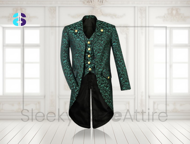 May include: A green and black patterned tailcoat with a matching waistcoat. The coat features gold buttons and a detailed floral design. The outfit is displayed against a white background with a logo in the top left corner.
