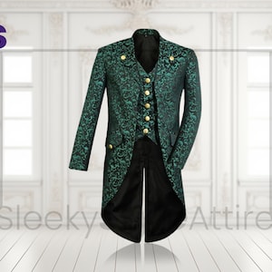 May include: A green and black patterned tailcoat with gold buttons. The long-sleeved jacket has a high collar and a vest with matching gold buttons. The coat has a long, split tail and is displayed against a white background.