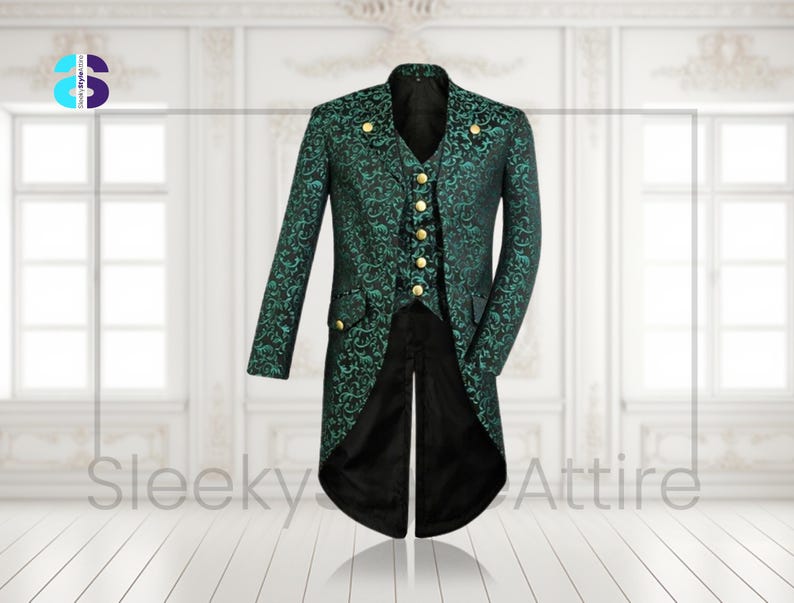 May include: A green and black patterned tailcoat with gold buttons. The long-sleeved jacket has a high collar and a vest with matching gold buttons. The coat has a long, split tail and is displayed against a white background.