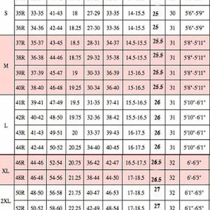 May include: A detailed jacket size chart, showing measurements in inches for chest, waist, and other dimensions. Sizes range from S to 3XL, with height ranges from 5'6" to 6'7".