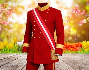 Men's Hussar Military Red Jacket, Handmade Officer Pelisse Coat with Gold Embroidery & Sash, Wool Emperor Uniform For Men's, Wedding Jacket