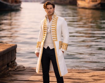 British White Vice Admiral Military Jacket for Men – Handmade Historical Steampunk Admiral Hussar Long Coat Uniform