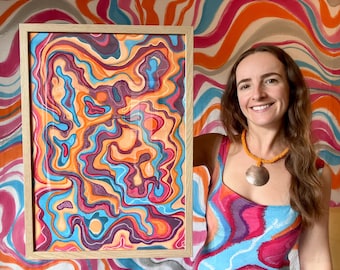 ATARDECER - Lámina de arte abstracto en rosa, azul y morado, arte mural en acuarela colorida, decoración moderna
