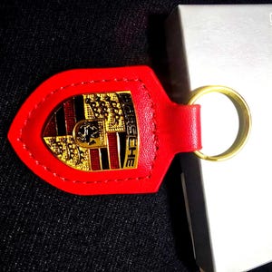 Handmade Red Leather Porsche Crest Keychain: Car Enthusiast Key Ring