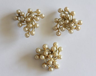 SALE - Vintage Demi Parure Gold And Faux Pearl Earrings And Brooch Set . Signed Emmons