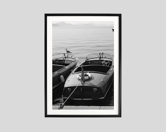 Vintage Boat Print, Wooden Speedboat Black and White Wall Art, Ocean Photography Poster, Nautical Print, Retro Style Photo, Photo Art Print