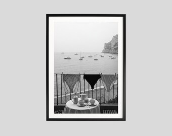 Italian Coast Breakfast Print, Black and White Wall Art, Travel Photography, Seaside Poster, Printable, Mediterranean Decor