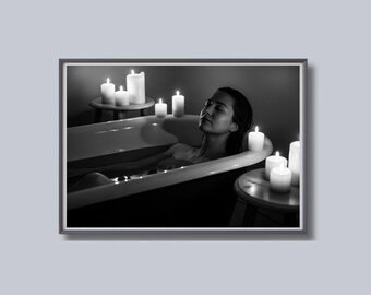 Candlelit Spa Bath Print, Black and White Wall Art, Wellness Photography, Luxury Poster, Printable, Elegant Home Decor