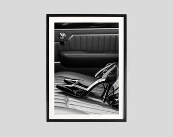 Retro Convertible Interior Print, Black and White Wall Art, Vintage Car Photography, Automobile Poster, Printable, Garage Art
