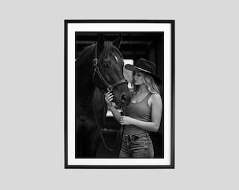 Woman Horse Portrait Print, Black and White Wall Art, Western Photography, Ranch Poster, Printable, Country Style Decor