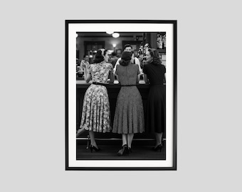 Vintage Bar Scene Women, Black and White Retro Photography, 1950s Fashion Print, Classic Bar Lounge Wall Art Decor