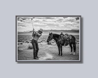 May include: Black and white framed photograph of a cowboy swinging a golf club in a desert landscape. A saddled horse stands nearby. The sky is filled with clouds, and mountains are visible in the distance.