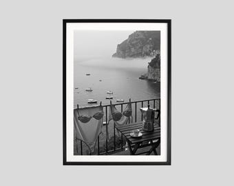 Coastal Balcony Coffee Print, Black and White Wall Art, Travel Photography, Italian Poster, Printable, Beach Home Decor