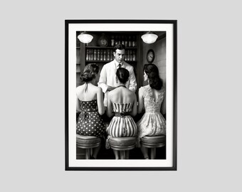 Vrouwen aan de bar-print: vintage zwart-witte kunst