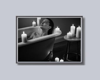 Candlelit Bath Print, Black and White Wall Art, Spa Photography, Relaxation Poster, Printable, Wellness Home Decor