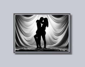 Romantyczny wydruk sylwetki, czarno-biała sztuka ścienna, fotografia miłosna, plakat dla pary, do druku, romantyczny wystrój domu