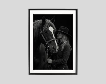 Cowgirl Horse Portrait Print, Black and White Wall Art, Western Photography, Equestrian Poster, Printable, Country Home Decor