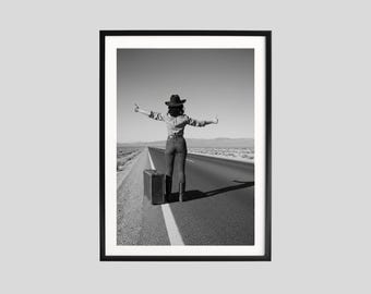 Desert Hitchhike Print, Black and White Wall Art, Travel Photography, Adventure Poster, Printable, Wanderlust Home Decor