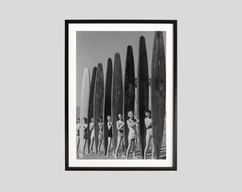 Vintage Surfing Poster, Women with Surfboards at Beach, Black and White Coastal Wall Art, Retro Summer Print, Surf Lifestyle Decor