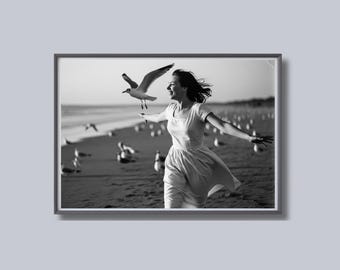 Beach Freedom Print, Black and White Wall Art, Vintage Photography, Seagull Poster, Printable, Coastal Home Decor