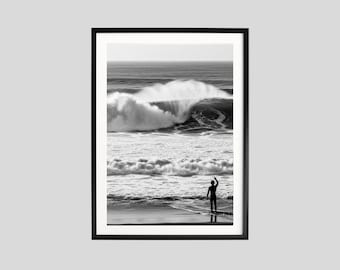 Surfer Ocean Wave Print, Black and White Wall Art, Nature Photography, Coastal Poster, Printable, Beach Home Decor