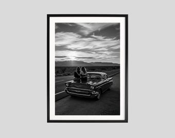 Vintage Car Desert Print, Black and White Wall Art, Travel Photography, Road Trip Poster, Printable, Adventure Home Decor