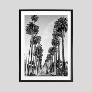 Palm Avenue-print, zwart-witte muurkunst, vintage straatfotografie, poster Californië, retro palmboomprint, museumkwaliteitsfoto