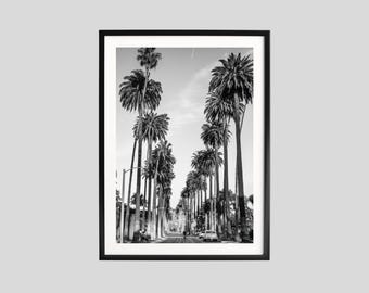 Impression Palm Avenue, art mural noir et blanc, photographie de rue vintage, affiche californienne, impression palmier rétro, photo de qualité musée