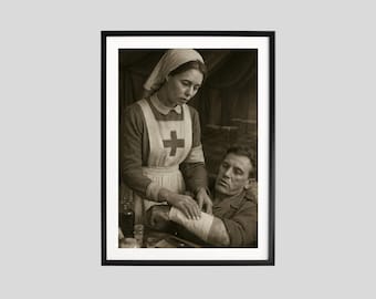 May include: A sepia-toned photograph in a black frame depicting a nurse in a uniform with a red cross emblem on the apron, wrapping a bandage around the forearm of a patient. The scene is set in a dimly lit environment with medical supplies.