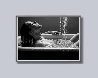 Bathtub Shower Print, Black and White Wall Art, Spa Photography, Water Poster, Printable, Bathroom Home Decor