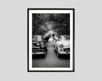 Vintage Lesbian Couple Kissing from Cars, Romantic Retro Black and White Print, Feminine Wall Art, Sapphic Digital Poster