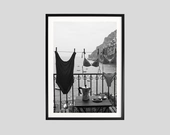 Italian Balcony Breakfast Print, Black and White Wall Art, Travel Photography, Coastal Poster, Printable, Mediterranean Decor
