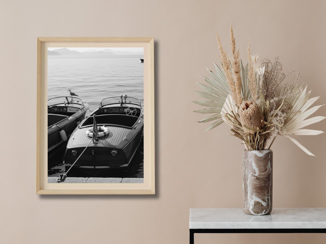 Vintage Boot Druck, Hölzernes Schnellboot Schwarzweiß Wandkunst, Ozean ...