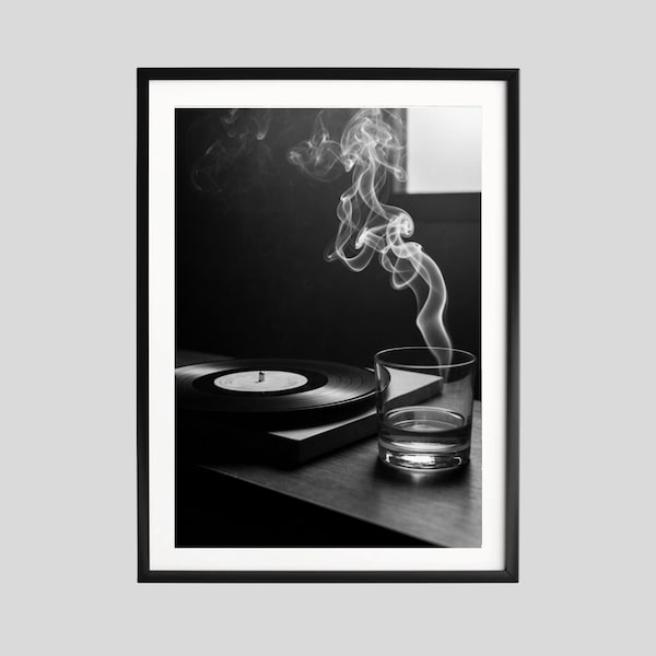 Vinyl Record Player Print, Whiskey Smoke Photography, Black and White (Digital Download)
