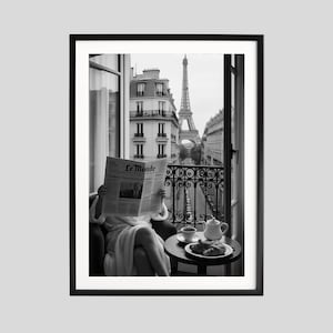 Paris Fashion Poster, Woman Reading Newspaper with Eiffel Tower, Black and White Luxury Wall Art, Chic Travel Print, Hypebeast Decor