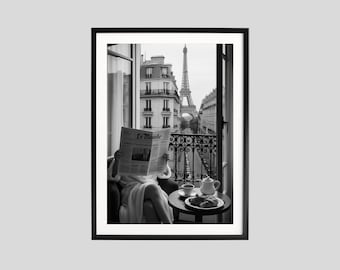Paris Fashion Poster, Woman Reading Newspaper with Eiffel Tower, Black and White Luxury Wall Art, Chic Travel Print, Hypebeast Decor