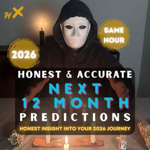 May include: An image featuring a person in a black hooded robe and a white mask. The text reads "HONEST & ACCURATE NEXT 12 MONTH PREDICTIONS" and "HONEST INSIGHT INTO YOUR 2026 JOURNEY". The image also includes the text "2026" and "SAME HOUR".