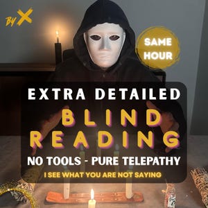 May include: An image promoting a blind reading service. A person wearing a white mask and black hooded sweatshirt is centered. Text includes "EXTRA DETAILED BLIND READING" and "NO TOOLS - PURE TELEPATHY". Candles and other items are on the table.