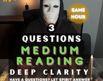May include: Image promoting a medium reading service. The text reads "3 QUESTIONS MEDIUM READING DEEP CLARITY" with "SAME HOUR" in a circle. A person in a white mask is in the center. The text "HAVE A QUESTIONS? LET SPIRIT ANSWER" is at the bottom.
