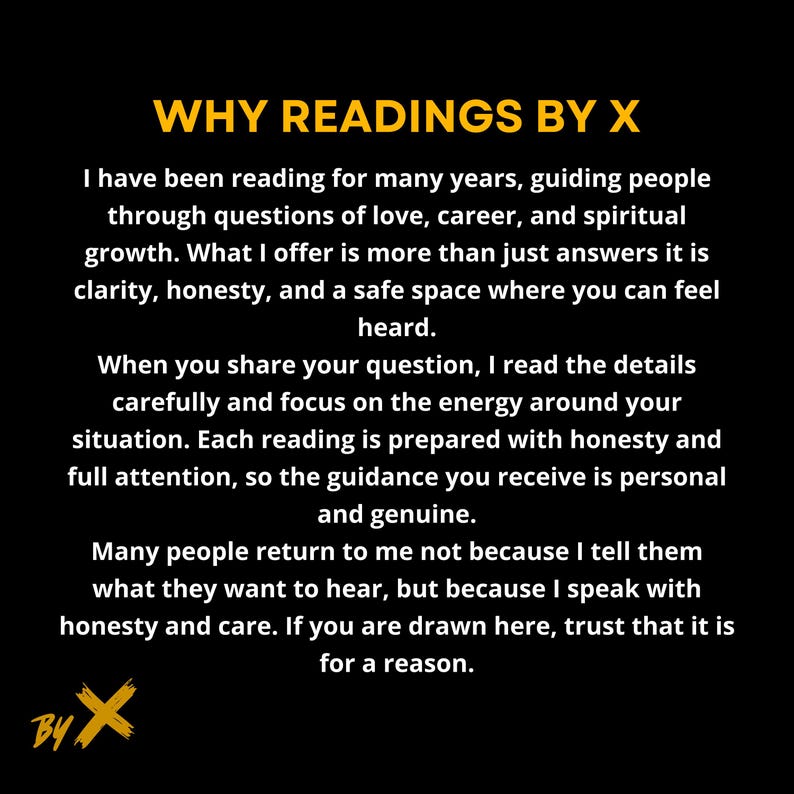 May include: Black background with yellow text that reads "WHY READINGS BY X". The text describes guidance through questions of love, career, and spiritual growth. The logo "BY X" is in the bottom left corner.