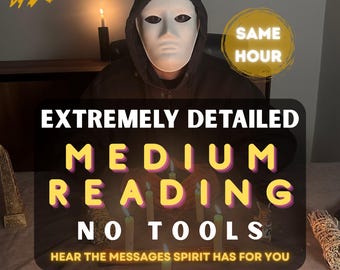 May include: An image promoting a medium reading service. The image features a person wearing a white mask and a black hooded sweatshirt. Text on the image reads "EXTREMELY DETAILED MEDIUM READING NO TOOLS" and "HEAR THE MESSAGES SPIRIT HAS FOR YOU."