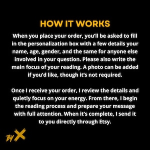 May include: Black background with yellow text that reads "HOW IT WORKS". The text explains the process of placing an order, providing details, and receiving a message through Etsy. The Etsy logo is at the bottom.
