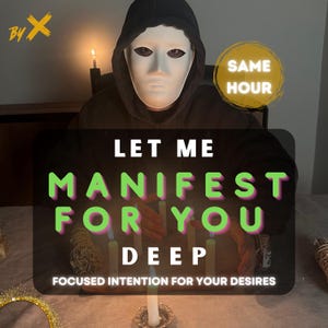 Könnte beinhalten: Ein Bild mit einer Person, die eine weiße Maske und einen schwarzen Kapuzenpullover trägt. Der Text "LET ME MANIFEST FOR YOU DEEP FOCUSED INTENTION FOR YOUR DESIRES" ist zu sehen. Ein gelber Kreis mit "SAME HOUR" ist ebenfalls sichtbar.