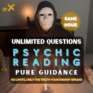 May include: An image promoting psychic readings. The text includes "UNLIMITED QUESTIONS", "PSYCHIC READING", and "PURE GUIDANCE". A person wearing a white mask and a black hooded sweatshirt is in the background. The words "SAME HOUR" are in a yellow circle.