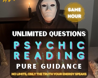 May include: An image promoting psychic readings. The text includes "UNLIMITED QUESTIONS", "PSYCHIC READING", and "PURE GUIDANCE". A person wearing a white mask and a black hooded sweatshirt is in the background. The words "SAME HOUR" are in a yellow circle.