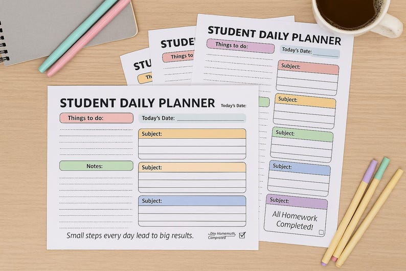 Student Worksheet Header Printable Homework Planner Pack | 7-page Landscape Student Assignment ...