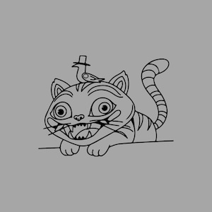 Puede incluir: Un dibujo lineal en blanco y negro de un gato de dibujos animados con rayas de tigre, un pájaro con sombrero de copa y una sonrisa. El gato está tumbado, con las patas visibles, y la cola enroscada. El pájaro está posado en la cabeza del gato.